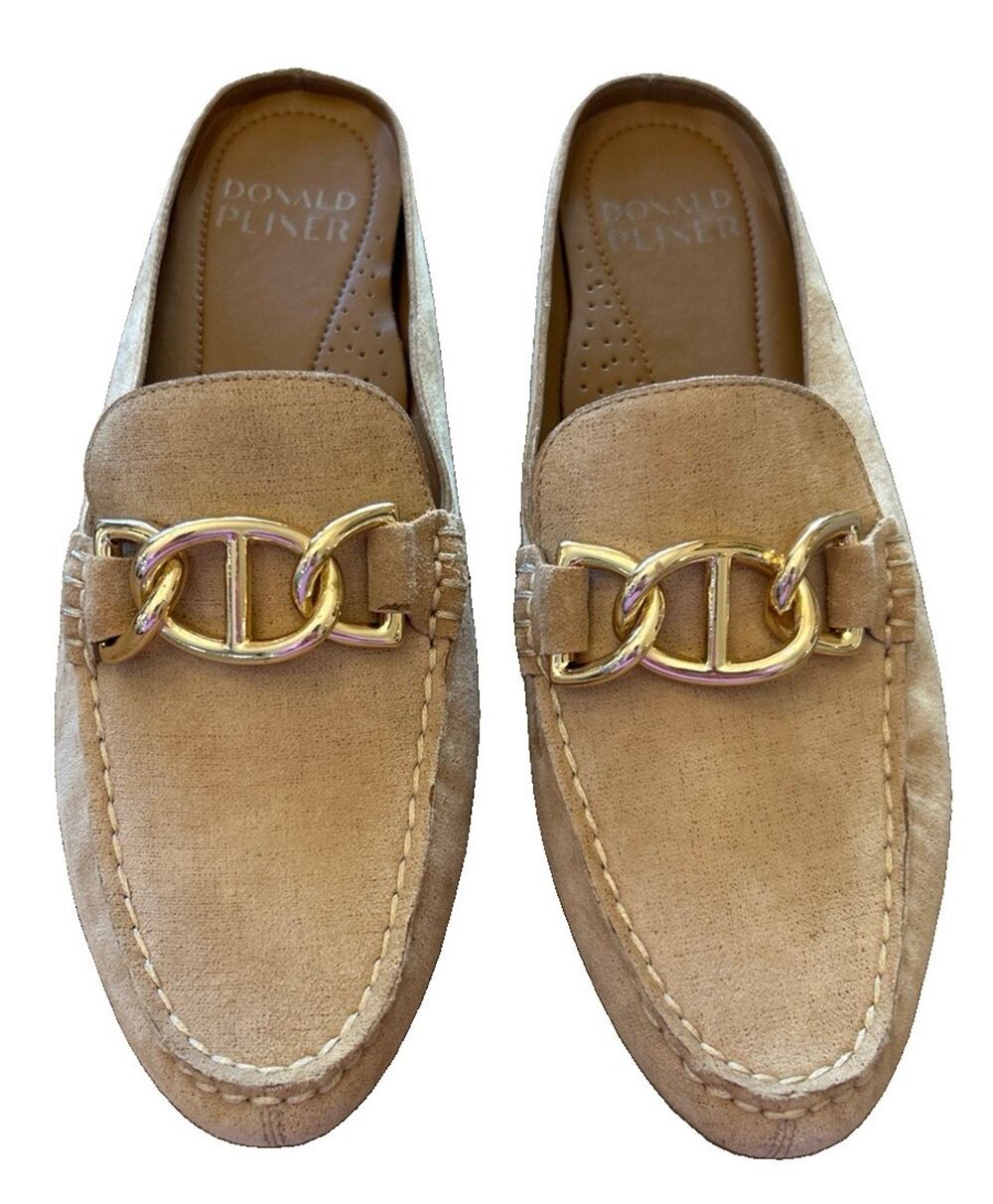 Donald Pliner Barney Camel Suede SlipOn Mule Chain Horsebit Toe Loafer Size 7.5